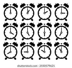 Ein Satz von Wecker-Zifferblättern, die verschiedene Zeiten anzeigen. Vektorwecker-Symbol. Vektorgrafik.