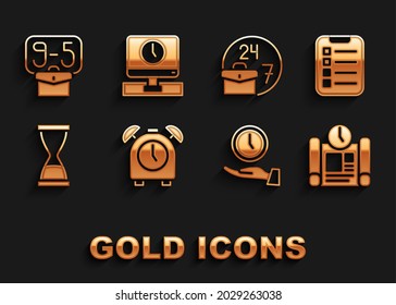 Set Alarm clock, To do list or planning, Project time, Clock, Old hourglass with sand, Always busy, From 9 and Monitor icon. Vector