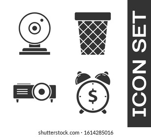 Set Alarm clock with dollar symbol, Web camera, Presentation, movie, film, media projector and Trash can icon. Vector