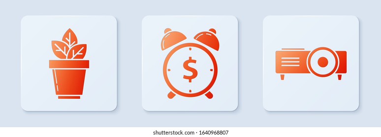 Set Alarm clock with dollar symbol, Flowers in pot and Presentation, movie, film, media projector. White square button. Vector