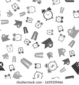 Set Alarm clock, Alarm clock with dollar symbol, Bookmark and Office stapler on seamless pattern. Vector