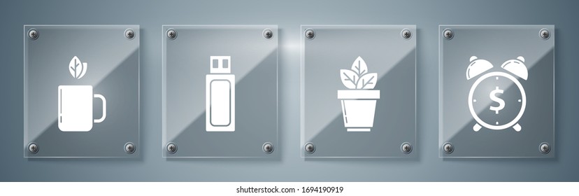 Set Alarm clock with dollar symbol, Flowers in pot, USB flash drive and Cup of tea and leaf. Square glass panels. Vector