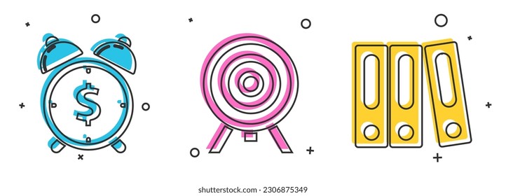 Establece el reloj de alarma con el símbolo de dólar, las carpetas de destino y de Office con el icono de papeles y documentos. Vector