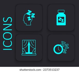 Establece el reloj de alarma, los sueños, la píldora para dormir y el icono Ventana con cortinas. Botón cuadrado negro. Vector