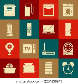 Set Alarm clock, Electric heater, Refrigerator, Oven, Remote control, Blender, Slow cooker and Laptop icon. Vector
