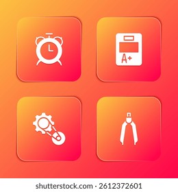 Set Alarm clock, Exam sheet with plus grade, Timing belt kit and Drawing compass icon. Vector