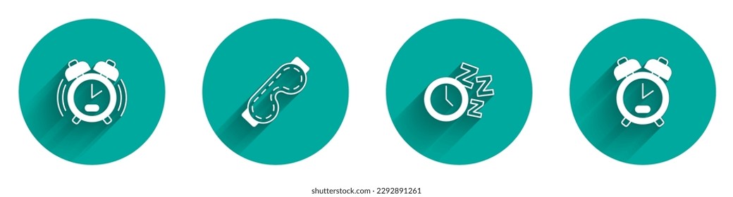 Establece el reloj de alarma, la máscara de sueño ocular y el icono con sombra larga. Vector
