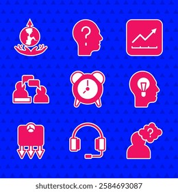 Set Alarm clock, Headphones, with question mark, Human lamp bulb, Weight loss, Two sitting men talking, Financial growth increase and World expansion icon. Vector