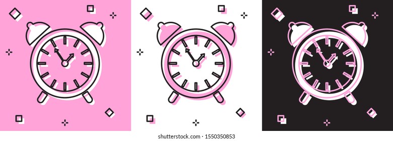 Set Alarm clock icon isolated on pink and white, black background. Wake up, get up concept. Time sign.  Vector Illustration