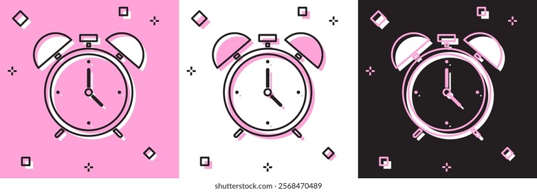 Set Alarm clock icon isolated on pink and white, black background. Wake up, get up concept. Time sign.  Vector