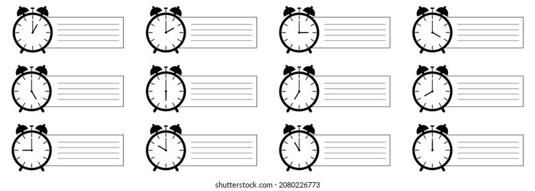 conjunto horizontal del icono de reloj de alarma analógica que notifica cada hora aislada en blanco,ilustración vectorial.