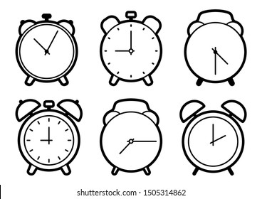 Set of alarm clock icons, black outline design. Vector illustration