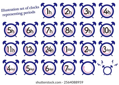 Set of alarm clock icons illustrations representing time periods from 1 hour to 1 week