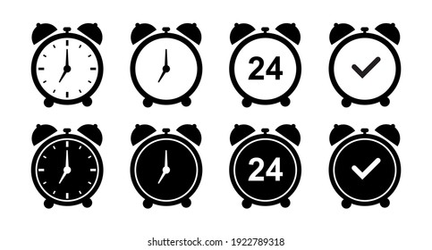 Set of alarm clock icons. Various alarm clock signs, alarm clock. Vector illustration.