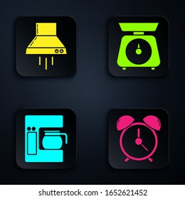 Set Alarm clock , Kitchen extractor fan , Coffee machine with glass pot  and Scales . Black square button. Vector
