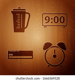 Ponga el reloj de alarma , la taza de medición, el aire acondicionado y el reloj de alarma digital sobre fondo de madera. Vector