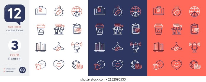 Set of Alarm clock, Microphone and Hand baggage line icons. Include Takeaway coffee, Smile chat, Capsule pill icons. Magistrates court, Eye checklist, Budget web elements. Slow fashion. Vector