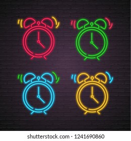 Set of Alarm Clock Neon Light Glowing Vector Illustration with Dark Background
