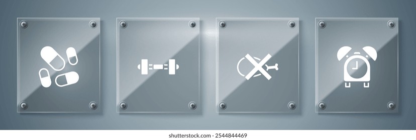 Set Alarm clock, No meat, Dumbbell and Vitamin pill. Square glass panels. Vector