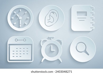 Set Alarm clock, Notebook, Calendar, Magnifying glass, Ear listen sound signal and Clock icon. Vector