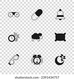 Ajuste el reloj de alarma, almohada, luna y estrellas, oveja, campana sonora, recipiente de lente de contacto, píldora durmiente e icono. Vector