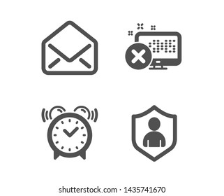 Set of Alarm clock, Reject access and Mail icons. Security sign. Time, Delete device, E-mail. Private protection.  Classic design alarm clock icon. Flat design. Vector