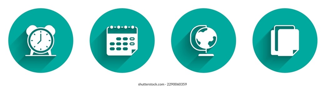 Set Alarm clock, School timetable, Earth globe and File document icon with long shadow. Vector