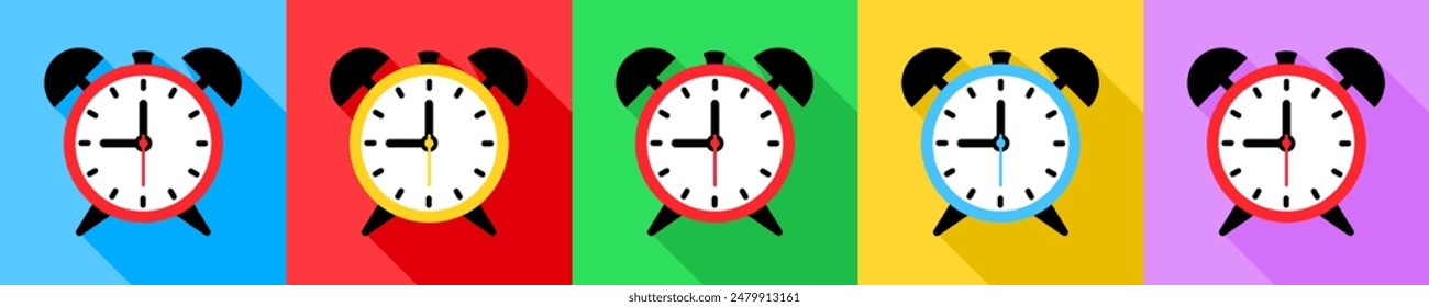 Set of alarm clock with shadows. Awake, wake up or rouse in cartoon style.