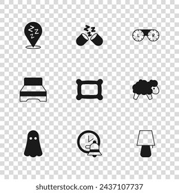 Set Alarm clock, Sheep, Table lamp, Pillow, Contact lens container, Sleepy, Sleeping pill and Big bed icon. Vector