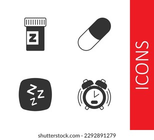 Set Alarm clock, Sleeping pill, Sleepy and  icon. Vector