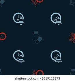 Set Alarm clock, Sleeping pill and  on seamless pattern. Vector