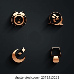 Set Alarm clock, Sleepy, Moon and stars and Table lamp icon with long shadow. Vector