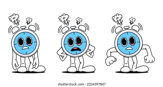Set of alarm clock, stopwatch in a hurry. Business concept, deadline, early rise. Doodle style. Stock vector illustration of alarm clock, stopwatch in cartoon style. Isolated white background.