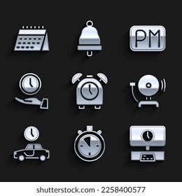 Set Alarm clock, Stopwatch, Smart Tv time, Ringing alarm bell, Time travel, Clock, Day and Calendar icon. Vector