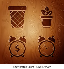 Set Alarm clock, Trash can, Alarm clock with dollar symbol and Flowers in pot on wooden background. Vector