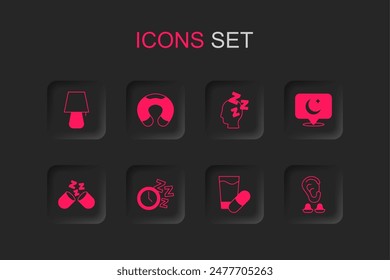 Set Alarm clock, Travel neck pillow, Table lamp, Sleeping, Moon and stars, Earplugs ear, Dreams and  icon. Vector