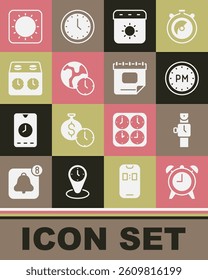 Set Alarm clock, Wrist watch, Day time, Calendar summer, World, Time chess, Sun and  icon. Vector
