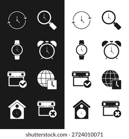 Ajuste o relógio despertador, relógio de pulso, Relógio, Lupa com, Marca de verificação Calendário, Hora mundial, data de exclusão e ícone de parede retroativa. Vetor