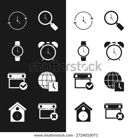 Set Alarm clock, Wrist watch, Clock, Magnifying glass with, Calendar check mark, World time, date delete and Retro wall icon. Vector