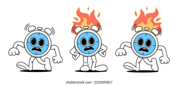 Set of alarm clock,stopwatch in a hurry.A fire burns above him.Business concept,deadline. Doodle style. Stock vector illustration of alarm clock,stopwatch in cartoon style. Isolated white background. 