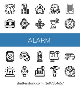 Set of alarm icons. Such as Bells, Timer, Watchmaker, Watch, Firefighter, Hydrant, Time management, Hourglass, Fire hose, Wall clock, Alarm, Car on fire, Wristwatch , alarm icons