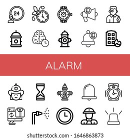 Set of alarm icons. Such as hours, Hydrant, Wall clock, Time, Watch, Fire hydrant, Loudspeaker, Bell, Watchmaker, House on fire, Firefighter, Second hand, Hourglass , alarm icons