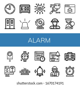 Set of alarm icons. Such as Sundial, Emergency exit, Alarm clock, Emergency, Security, School bell, Spyware, Fireman, Malware, Sand clock, Clock, Second hand, Watch , alarm icons