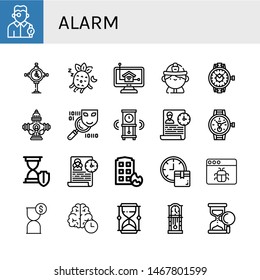 Set of alarm icons such as Watchmaker, Clock, Sleeping, Home control, Firefighter, Watch, Hydrant, Spyware, Wall clock, Time management, Hourglass, House on fire, Malware , alarm