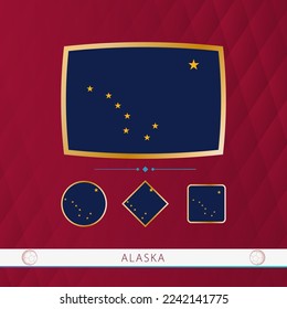 Set of Alaska flags with gold frame for use at sporting events on a burgundy abstract background. Vector collection of flags.