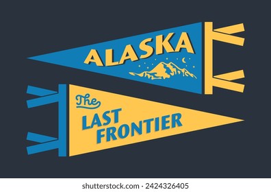 Set of Alaska pennants. Vintage retro graphic flag, pennant, star, sign, symbols of USA. The Last Frontier.