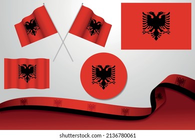 Set Of Albania Flags In Different Designs, Icon, Flaying Flags With ribbon With Background.