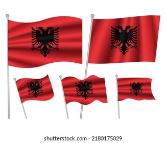 Set of Albania waving flag on isolated background vector illustration. 5 Albanian wavy realistic flag as a symbol of patriotism
