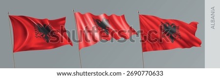 Set of Albania waving flag on isolated background vector illustration. 3 red Albania wavy realistic flag as a patriotic symbol