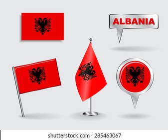 Set of Albanian pin, icon and map pointer flags. Vector illustration.